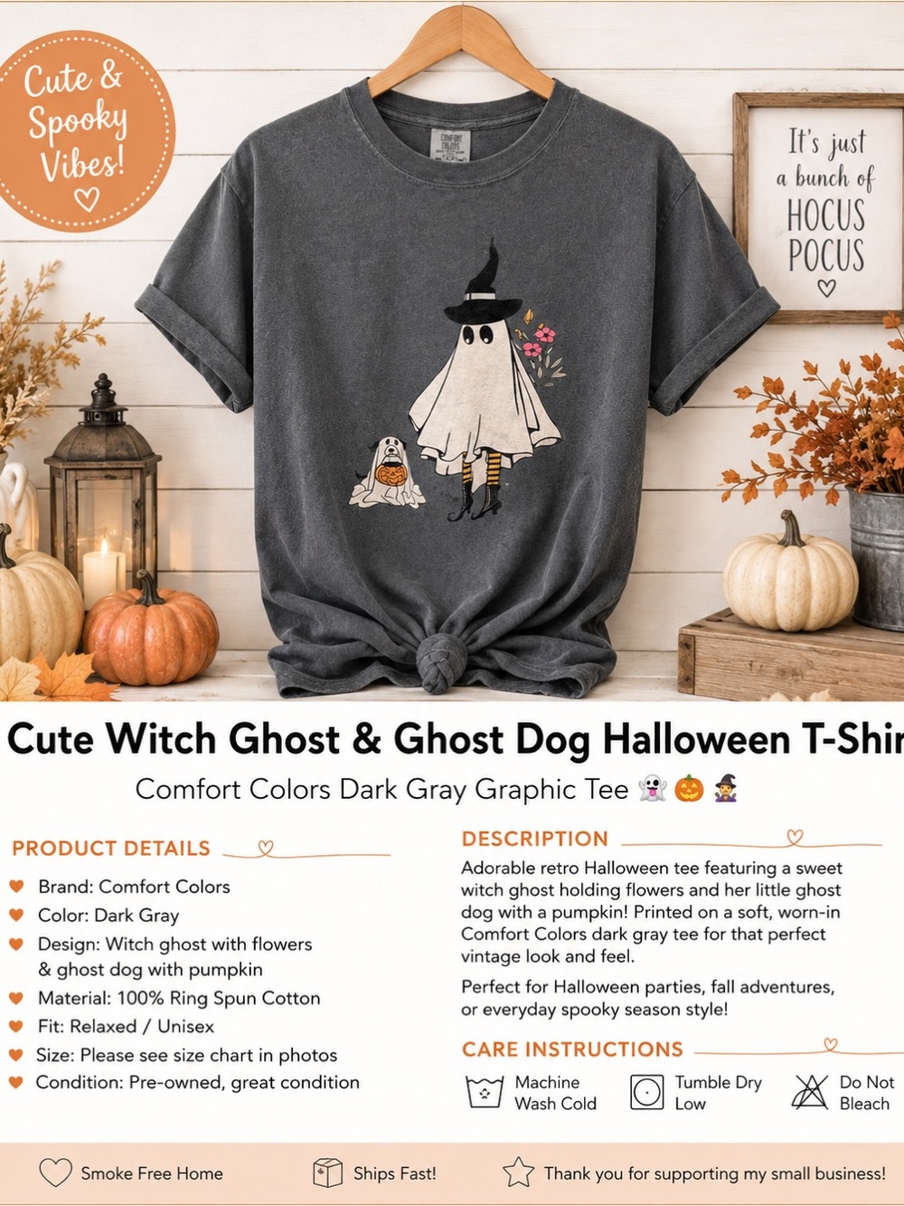 Comfort Colors Retro Witch Ghost & Dog Halloween Graphic Tee Dark - Women’s Med